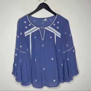 Anthropologie Floreat Adena Blue Embroidered Peasant Boho Top with Bell Sleeves